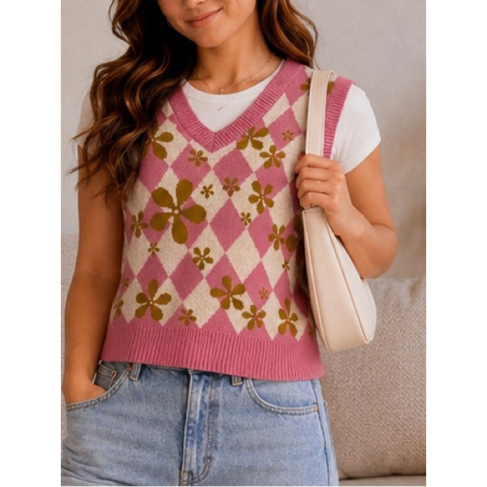 A.LAB Crop Sweater Vest Women XS Pink Floral Pink Retro Preppy Academia‎ Y2K